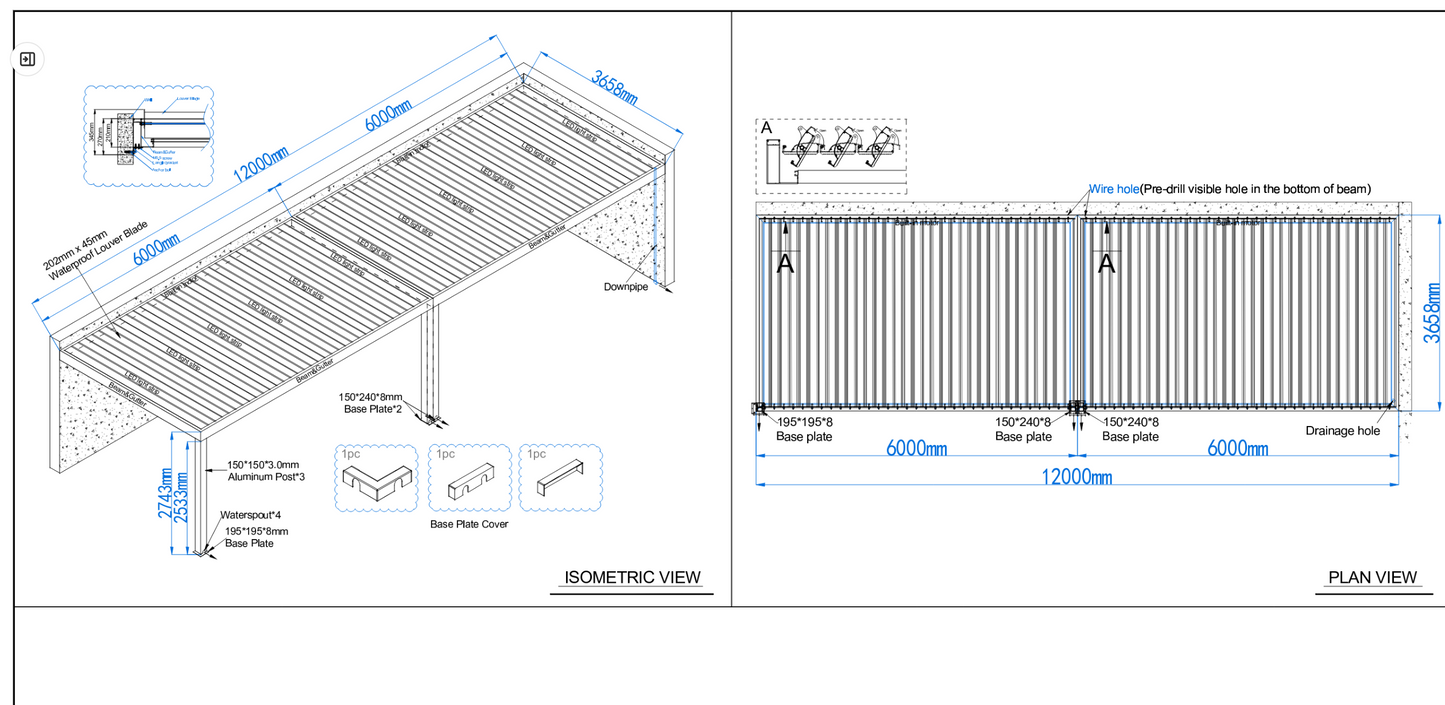Pergola motorisée avec éclairage 40' x 12' NEUVE